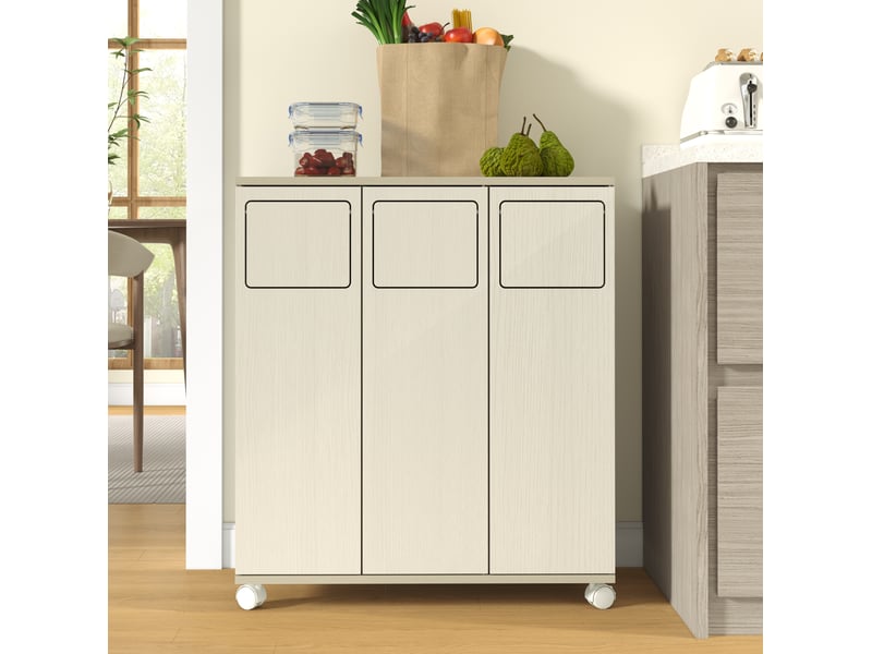  Meuble de tri des déchets modenvie 69,3 x 35 x 80,3 cm mdf bois clair 3 compartiments sur roulettes blanches  - Conforama E