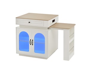 Îlot de cuisine avec roulettes et table extensible, led et prises intégrées, meuble multifonction blanc