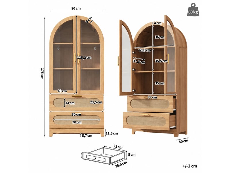  Meuble de cuisine muvano, vitrine haute avec portes vitrées, 175 cm, 2 tiroirs  - Conforama W