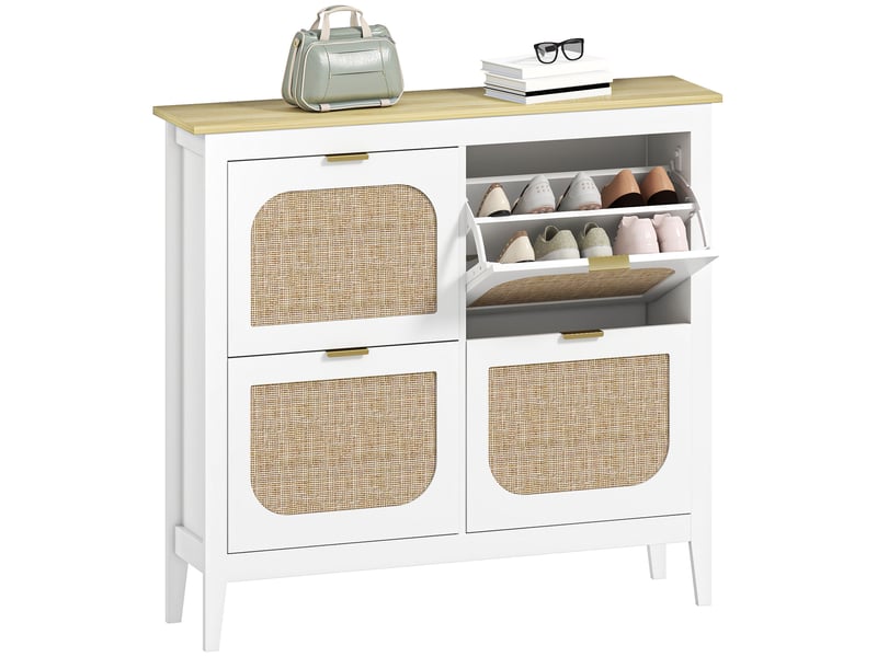  Meuble à chaussures étroit avec 4 portes en rotin, étagères réglables pour 20 paires de chaussures, 105 x 24 x 95,5 cm, blanc  - Conforama A