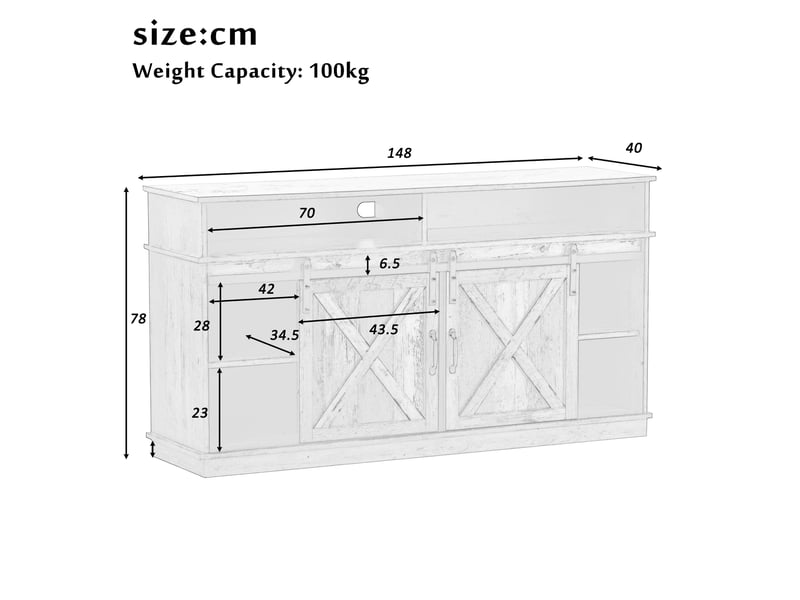 Meuble tv style campagne 148x40x78 cm avec 2 portes coulissantes et étagères réglables, grand rangement pour salon et salle à manger - Conforama C