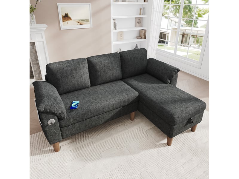  Canapé d'angle 3 places 181x125x88 cm gris foncé en chenille, méridienne réversible avec rangement  - Conforama B