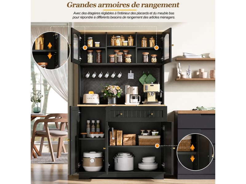 Meuble de cuisine noir muvano avec panneau perforé, vaisselier à portes transparentes, 103,5 x 40 x 180 cm - Conforama E