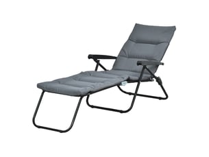 Bain de soleil pliable transat inclinable 6 positions avec matelas + accoudoirs acier polyester gris