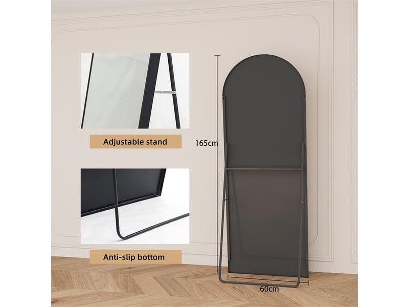  Miroir sur pied 165x60cm - miroir arché en verre trempé avec cadre en aluminium - noir  - Conforama E