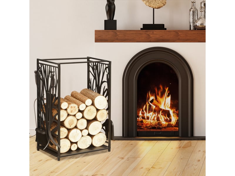  Porte-bûches en acier noir, 4 accessoires, capacité 100 kg, 46 x 30 x 70 cm  - Conforama C