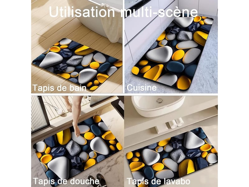  Tapis de salle de bain antidérapant, motif pierre 3d exquis, doux,absorbant et à séchage rapide, jaune (80x50cm)  - Conforama D