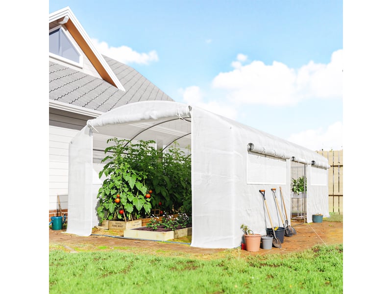  Serre tunnel de 6 x 3 x 2 m avec 3 portes sectionnelles, 6 fenêtres grillagées et structure en acier galvanisé blanc  - Conforama C