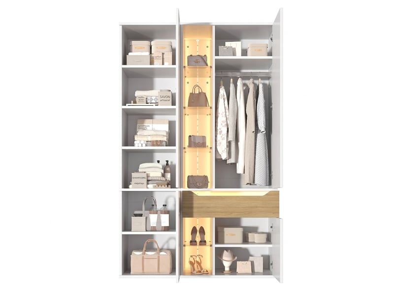  Armoire de chambre avec éclairage led et vitrine en verre, 122x50x200 cm, mdf blanc  - Conforama A