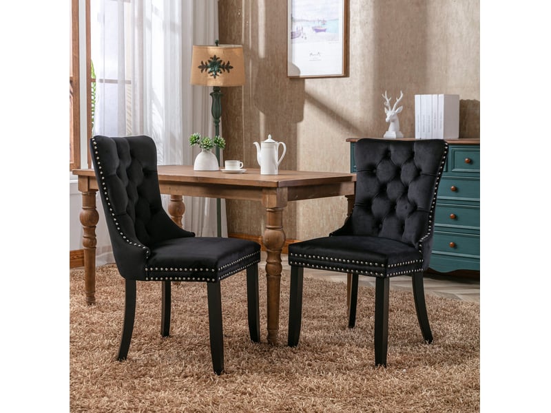  Lot de 2 chaises de salle à manger en velours noir, dossier haut et pieds en bois  - Conforama D