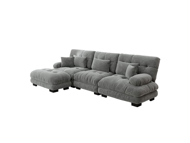Canapé d'angle, canapé convertible – en velours tricoté, style cloud, avec pouf, gris - Conforama B