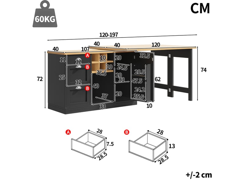  Îlot de cuisine extensible 120x40x74 cm noir, mdf, pivotant à 360°, avec rangement, casier à vin, tiroir et poignées métalliques  - Conforama C