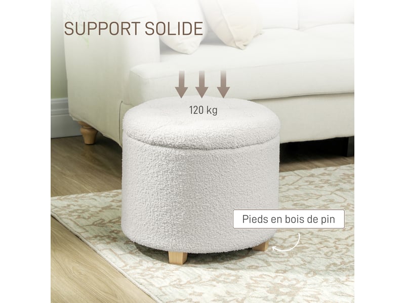  Pouf coffre rangement, tabouret rond, pouf repose-pieds en tissu bouclette, charge 120 kg, blanc,  45 x 41 cm  - Conforama R