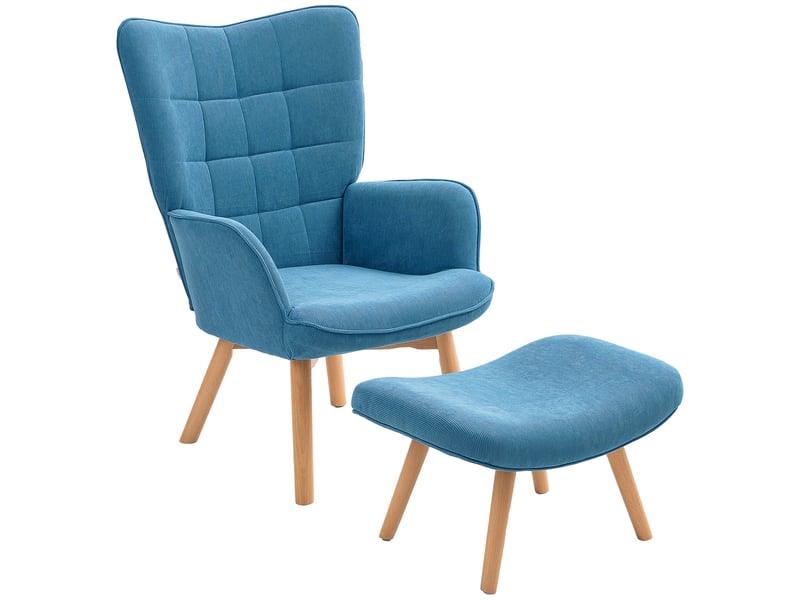  Fauteuil d'appoint avec repose-pieds, fauteuil inclinable aspect velours côtelé, fauteuil avec pieds en bois, pour salon, bleu  - Conforama A