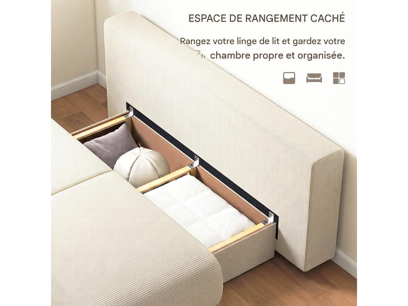  Canapé convertible 3 places avec coffre velours côtelé beige 188x100x84 cm  - Conforama E