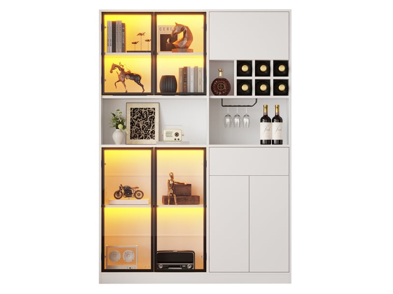  Vitrine blanche avec led, 7 portes et rangement à vin, 140 × 30 × 200 cm pour votre séjour et vos collections  - Conforama A