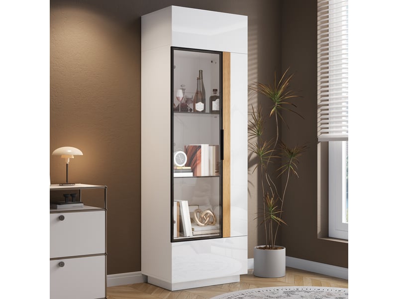  Vitrine haute 60x40x180 cm, éclairage led, commande par application, portes vitrées, grand rangement pour salon et séjour - blanc  - Conforama D