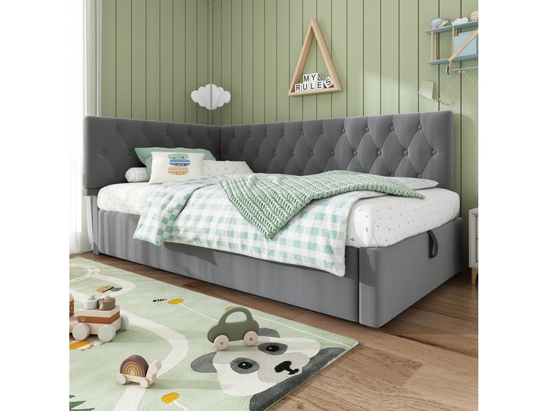  Lit banquette tcqpz 90 x 190 cm avec rangement hydraulique en velours gris  - Conforama D