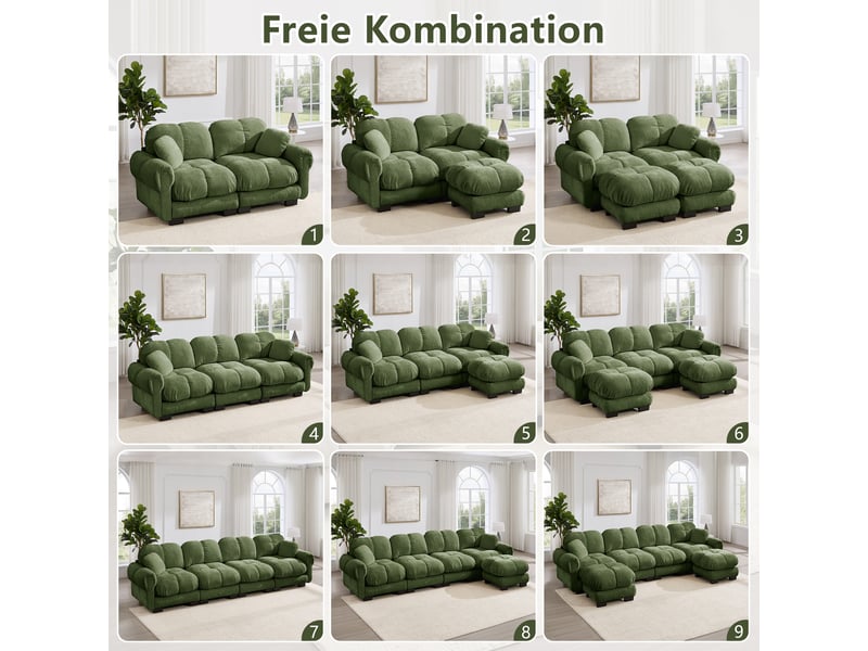  Canapé panoramique en u 4 places modulaire avec deux poufs mobiles - lpospi - dossier ergonomique chenille verte  - Conforama E