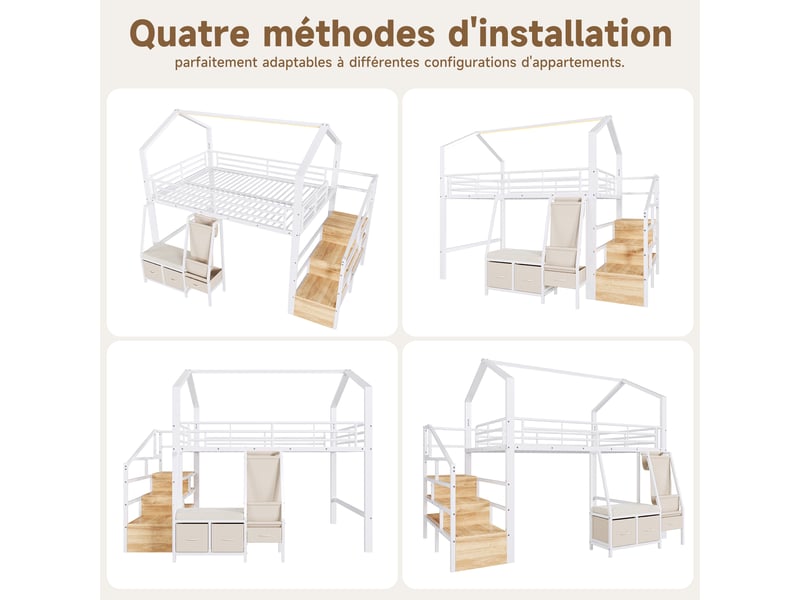  Lit mezzanine 140x200 cm, lit combiné, tiroirs de rangement, échelle, rangements intégrés, éclairage led, support à lattes stable, mdf et métal blanc OPULERANE TRADING LTD - Conforama E