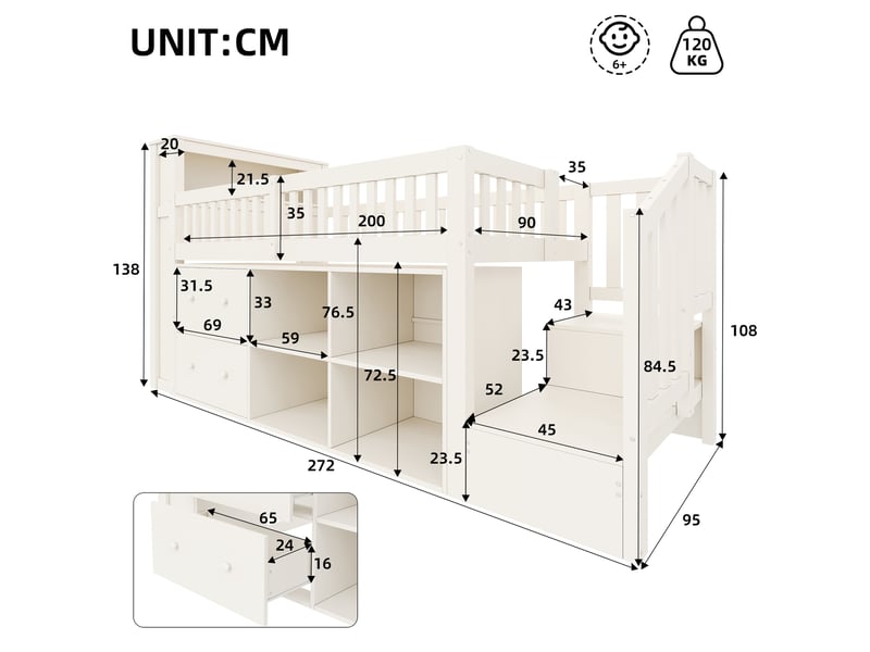  Lit mezzanine 90x200 cm avec led, rangements et tiroirs, coloris blanc  - Conforama C