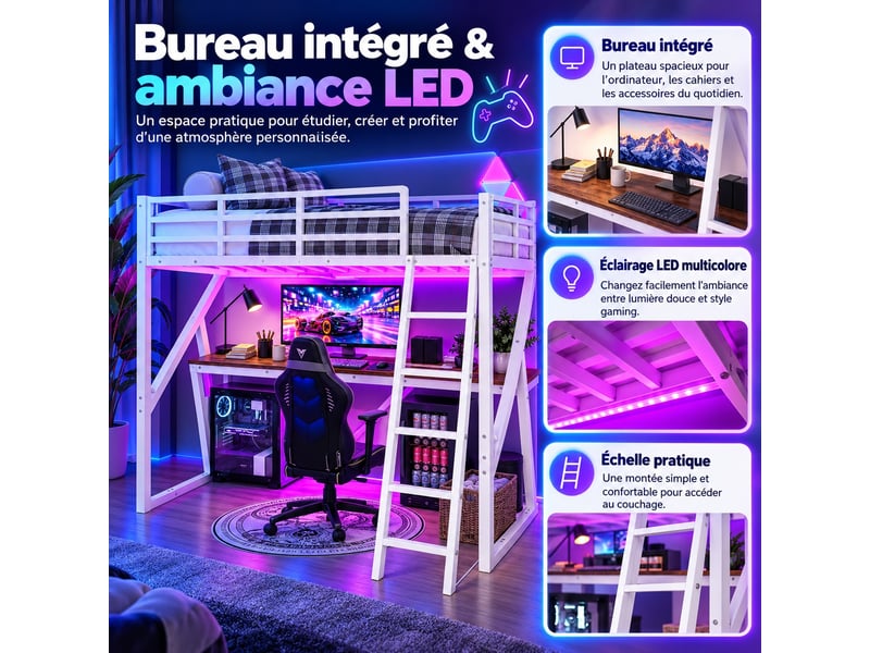  Lit mezzanine enfant 90 x 200 cm en métal avec bureau, led multicolore, échelle et barrières, gain de place, blanc  - Conforama D