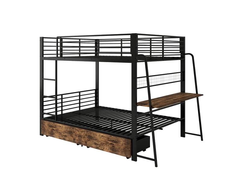  Lit superposé métal noir 140x200 cm avec bureau, tiroirs, led et prise intégrée  - Conforama D