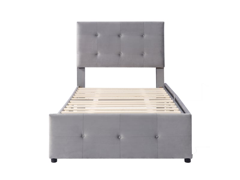 Lit enfant 90x200cm velours, 2 tiroirs, tête réglable, sommier lattes, cadre acier, pratique, sans matelas, gris  - Conforama A
