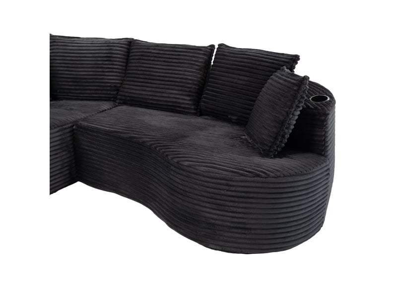 Canapé incurvé en tissu côtelé avec porte-gobelets 250x152x82 cm - poche latérale et coussin inclus - Conforama E