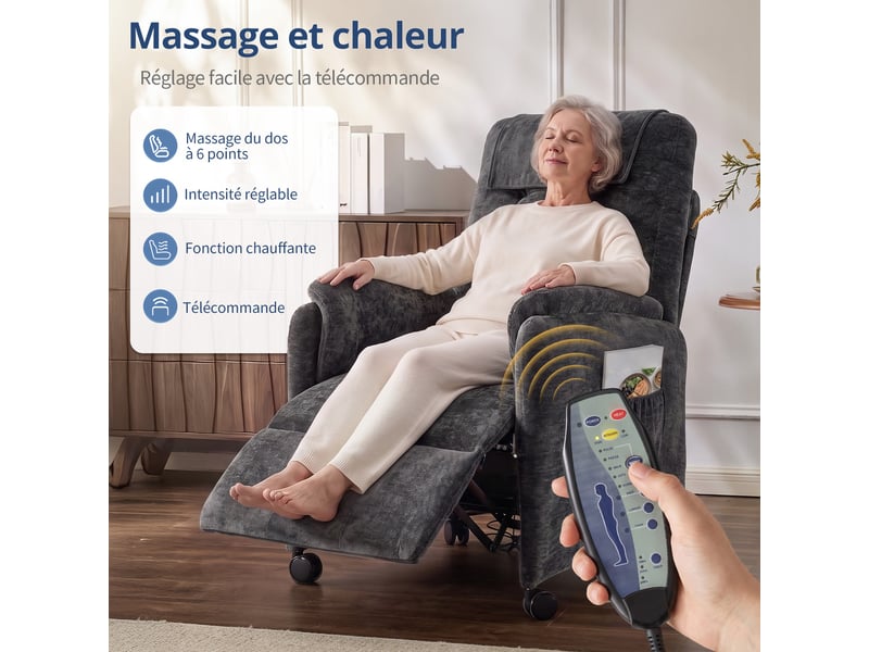  Fauteuil de massage électrique, fauteuil détente pour télévision avec fonction massage et chaleur, 4 roues, gris foncé  - Conforama E