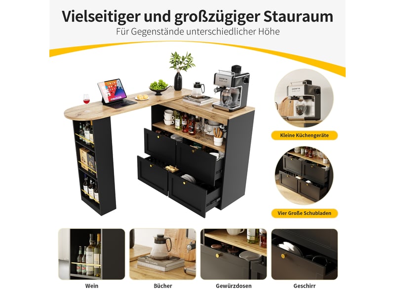  Bar pivotant noir 105 × 39 × 102cm, rotation 360°, 4 tiroirs, niches ouvertes  - Conforama D
