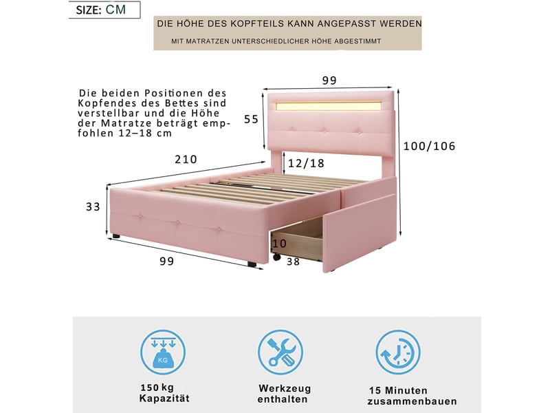  Lit enfant 140x200 cm - lit double - cuir pu - éclairage led - sommier inclus  - Conforama C