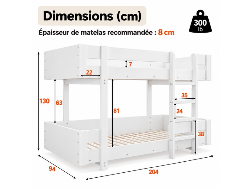  Lit superposé enfant 90x200 cm avec escalier, barrières renforcées, design épuré, sans matelas, blanc  - Conforama C