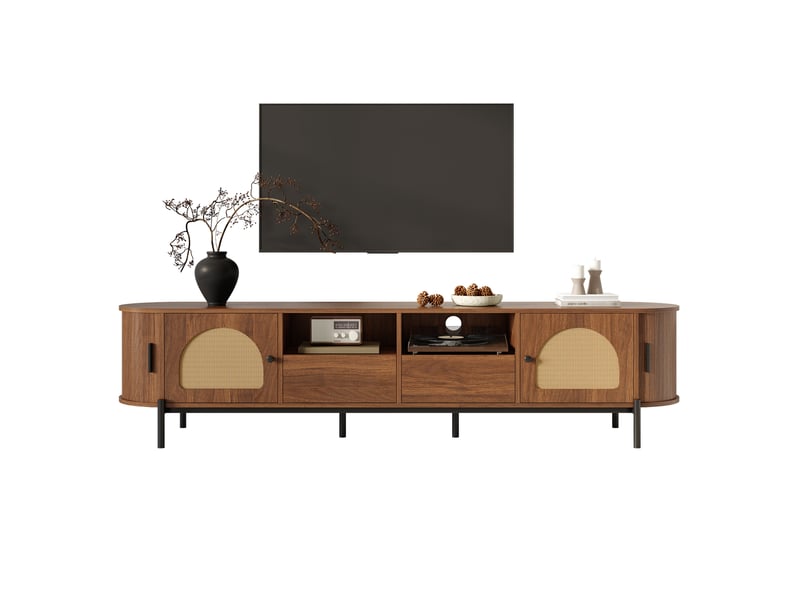  Meuble tv ovale avec portes coulissantes, 2 tiroirs, niches ouvertes et passe-câbles pour salon, en mdf, noyer  - Conforama A