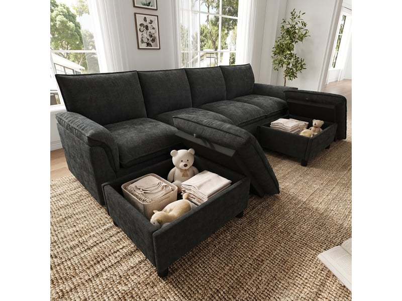 Canapé d’angle en u 4 places 264,5x142,5x84 cm modulable effet nuage avec assise profonde, 2 poufs mobiles et dossier haut, chenille, noir Sol Morn - Conforama D