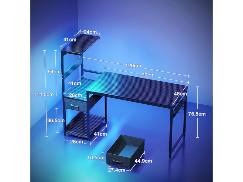  Bureau gaming avec led 138 x 48 cm, table pour pc avec tiroirs et étagère de rangement  - Conforama E