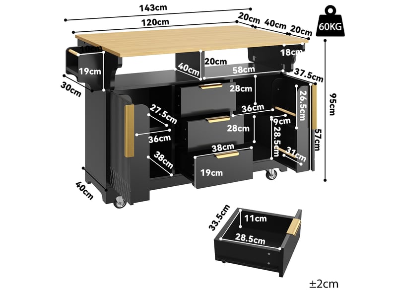  Desserte de cuisine à roulettes avec 3 tiroirs, 2 portes et plateaux rabattables en mdf noir 120 × 40 × 95 cm  - Conforama C