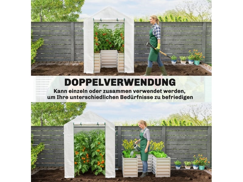  Serre de jardin avec bac surélevé 141 x 141 x 190 cm – blanche – aération réglable et porte enroulable  - Conforama D
