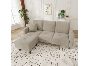 Canapé d'angle réversible 3 places 166 cm en velours côtelé taupe, méridienne modulable