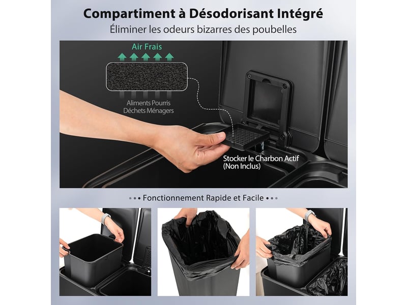 Poubelle tri 60l, poubelle à domicile avec 2 compartiments 30l, compartiment désodorisant intégré et cadre résistant(noir,60l-2x30l) - Conforama D