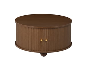 Table basse ronde 72 x 72 x 38 cm, structure verticale en relief, 2 portes coulissantes, mdf, noyer