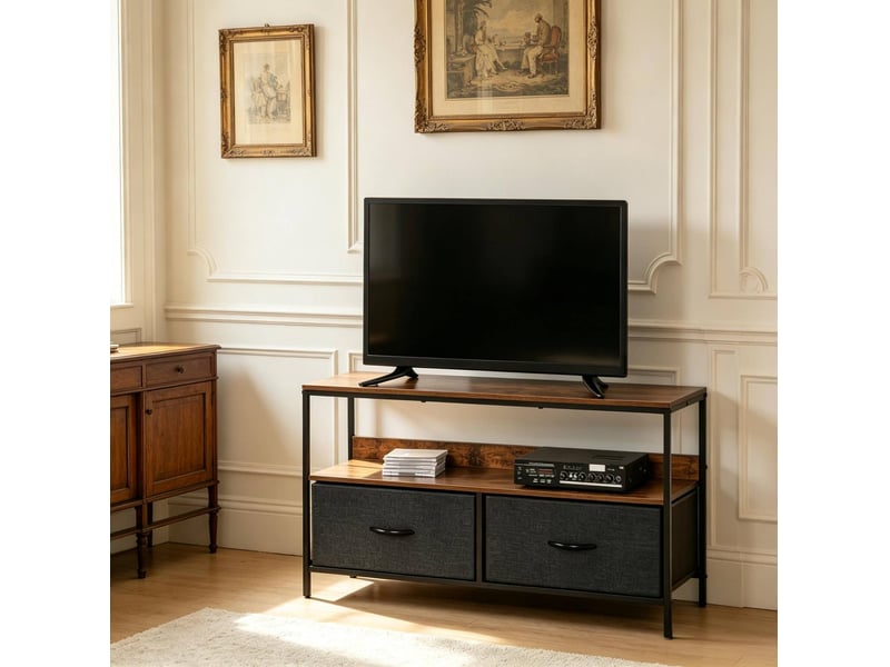  Meuble tv industriel avec 2 tiroirs pliables et étagère ouverte, marron rustique et gris  - Conforama D