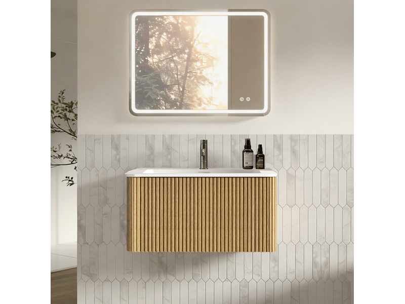 Meuble sous vasque suspendu avec miroir led antibuée et vasque intégrée, chêne, pour salle de bain 81 × 46,5 × 37 cm - Conforama B