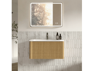 Meuble sous vasque suspendu avec miroir led antibuée et vasque intégrée, chêne, pour salle de bain 81 × 46,5 × 37 cm