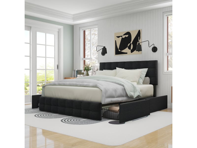  Lit double 140x200 avec 4 tiroirs, tête de lit capitonnée réglable, sommier à lattes, revêtement lin noir  - Conforama B