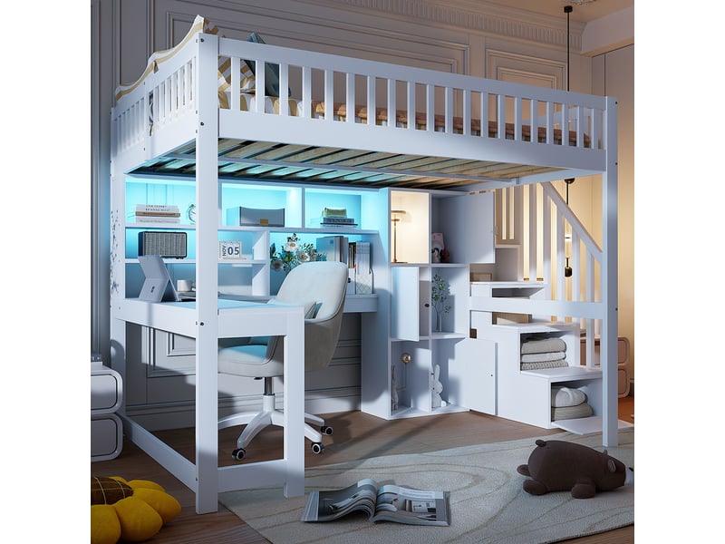  Lit mezzanine 140x200 cm avec éclairage led, lit double avec échelle de rangement, lit enfant avec bureau, blanc  - Conforama C