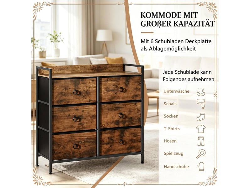  Commode de rangement à 6 tiroirs – brun rustique et noir – 80 x 29 x 78 cm  - Conforama E