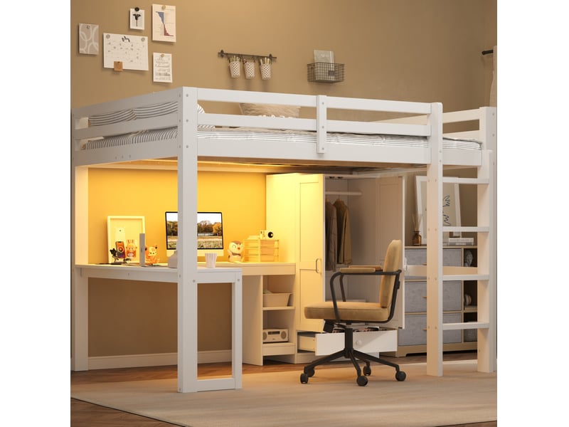 Lit mezzanine 140 × 200 cm avec bureau, étagères, armoire à tiroir, port usb et éclairage led pour chambre, blanc - Conforama B