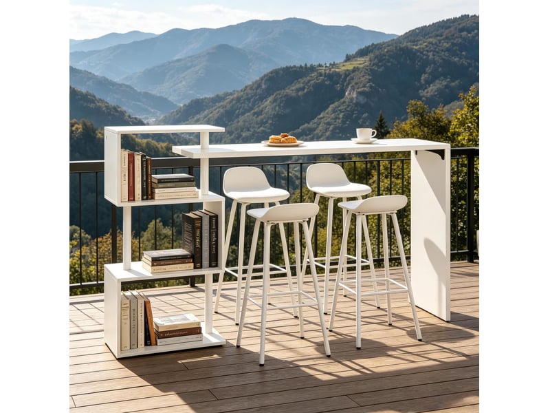 Table de bar avec 3 étagères réversibles, plateau mdf et pieds métal, pour cuisine ou séjour, blanc, 97,5 × 38 × 100 cm - Conforama C