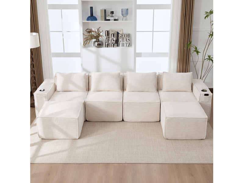  Canapé droit modulable 4 places, 330x162x75cm, avec 2 poufs, porte-gobelets, rangements latéraux, velours côtelé, beige  - Conforama D